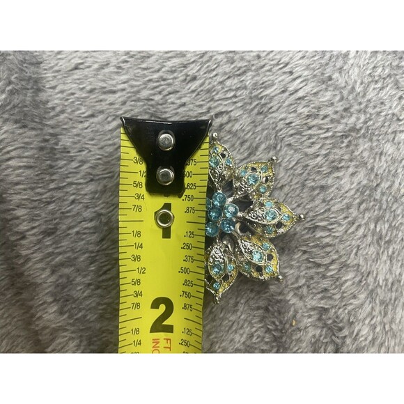 Aqua Blue Rhinestone Brooch Yellow/Green Accents Silver Tone 1.75" Round Pin - Picture 9 of 11